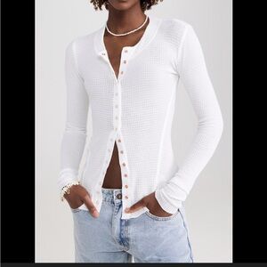 Free People Cream Waffle Knit Snap-Front Henley